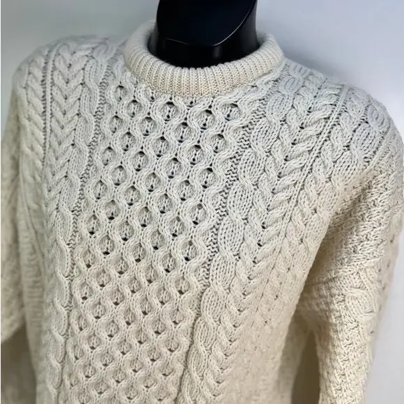Carraig Donn Merino Wool Ivory Cable Knit Pullover Sweater Fisherman Unisex